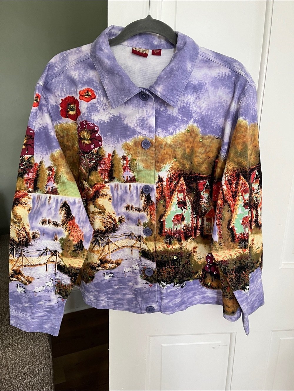 Tudor Court Denim Jacket Size XL Village Scene Print